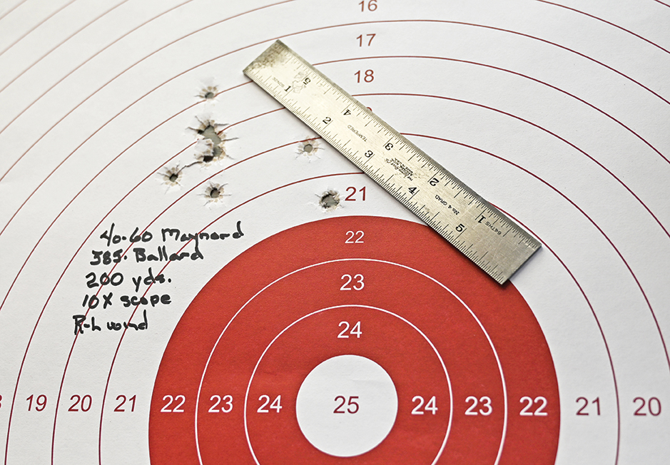 Typical accuracy using the Ballard 385-grain bullet and Swiss 1½Fg powder. Range was 200 yards, rifle was blow-tubed between shots and an MVA 10X scope was used for sighting.